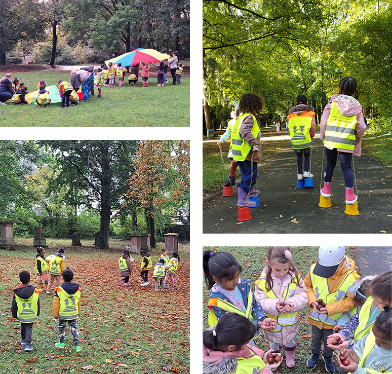 Ein Bild, auf dem kleine Kinder, Lehrer innen und Erzieherinnen in einem Park beim verschiedenen Bewegunsangeboten zu sehen sind.